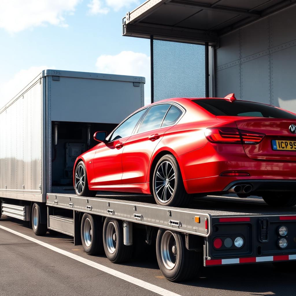 Car being loaded into an enclosed transport carrier