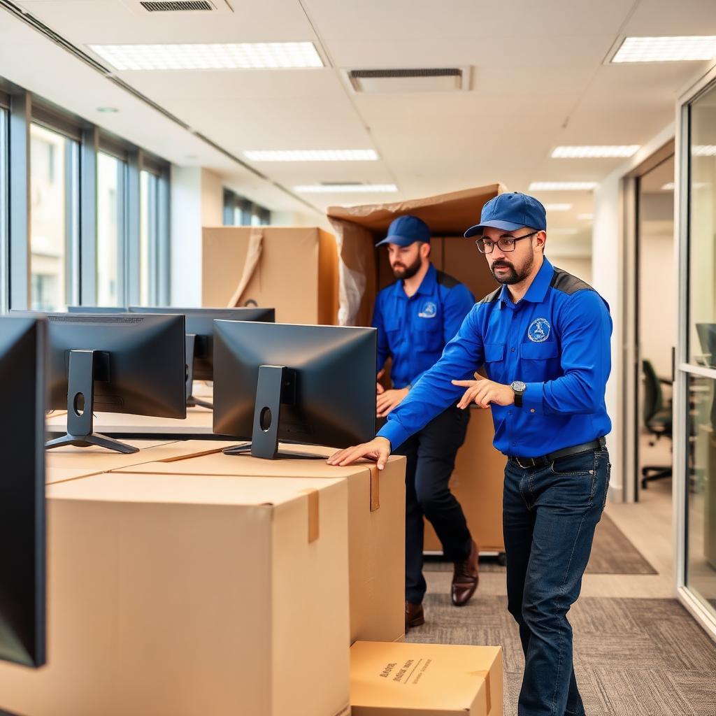 Office relocation with careful packing of monitors and IT equipment